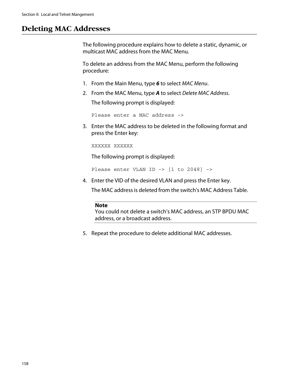 Deleting mac addresses | Allied Telesis AT-S25 User Manual | Page 158 / 277