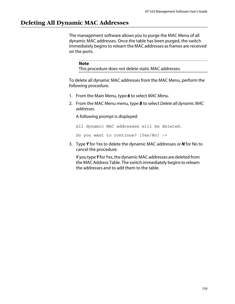 Deleting all dynamic mac addresses | Allied Telesis AT-S25 User Manual | Page 159 / 277