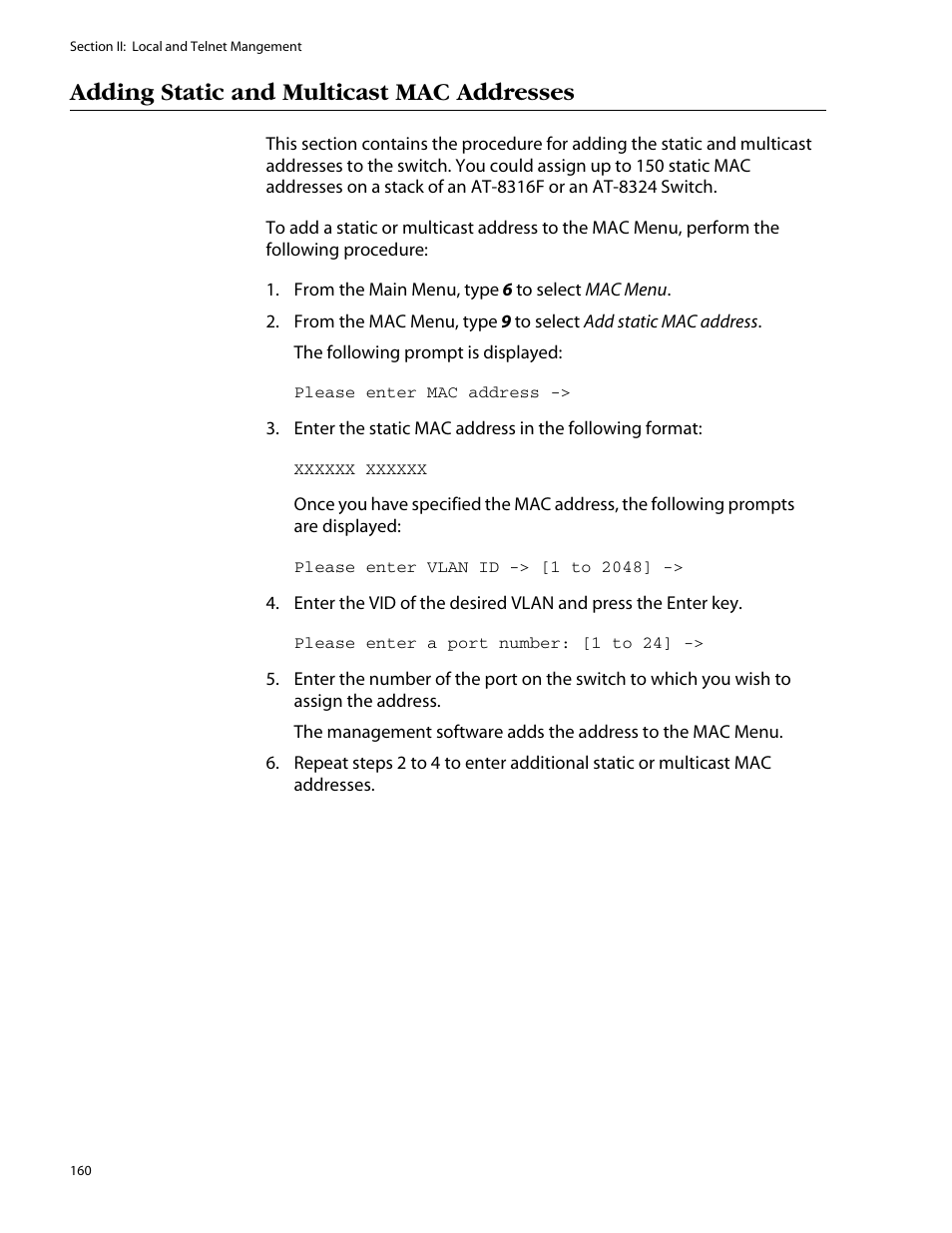 Adding static and multicast mac addresses | Allied Telesis AT-S25 User Manual | Page 160 / 277
