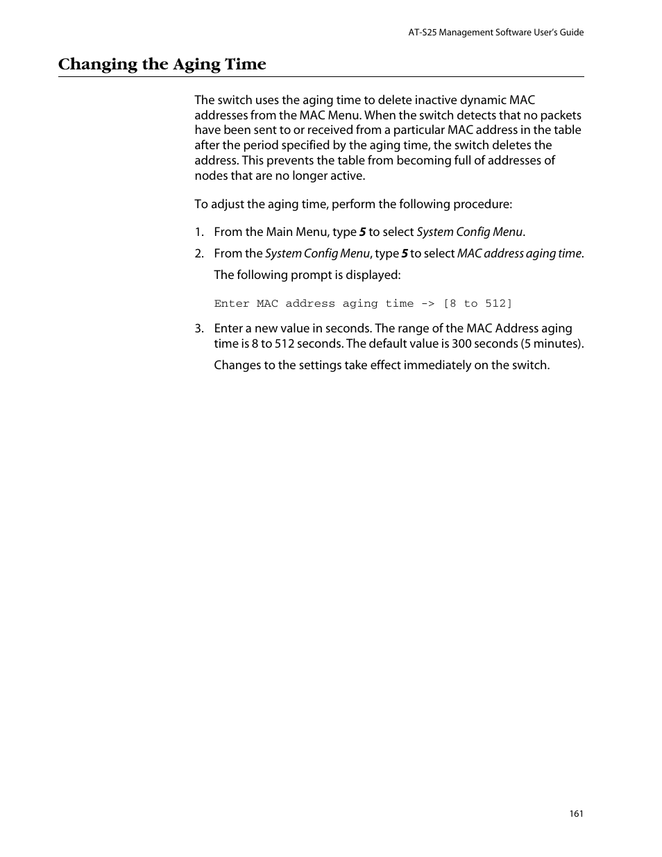 Changing the aging time | Allied Telesis AT-S25 User Manual | Page 161 / 277
