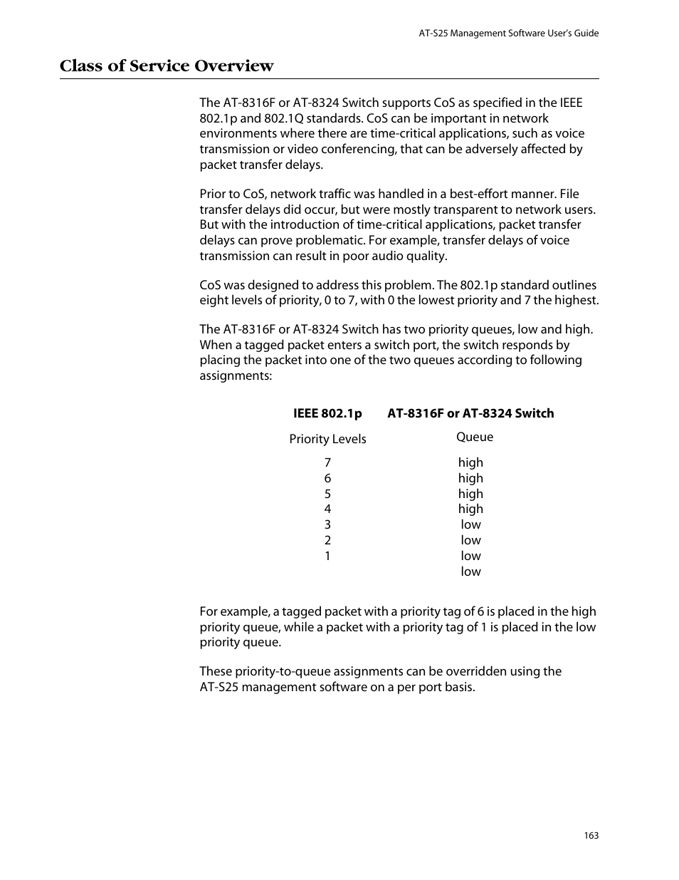Class of service overview | Allied Telesis AT-S25 User Manual | Page 163 / 277