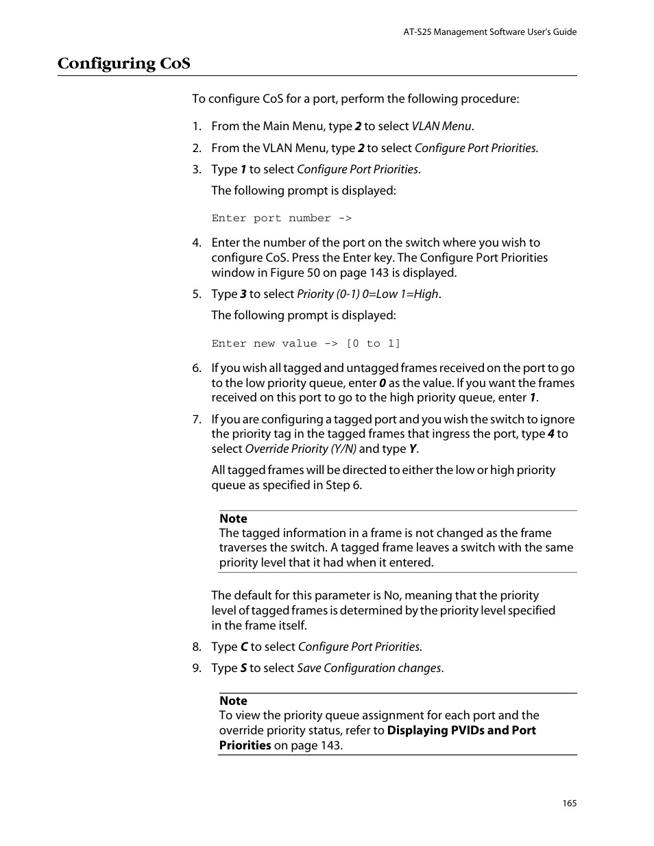 Configuring cos | Allied Telesis AT-S25 User Manual | Page 165 / 277