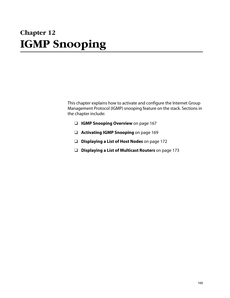 Chapter 12, Igmp snooping, Chapter 12 igmp snooping | Allied Telesis AT-S25 User Manual | Page 166 / 277