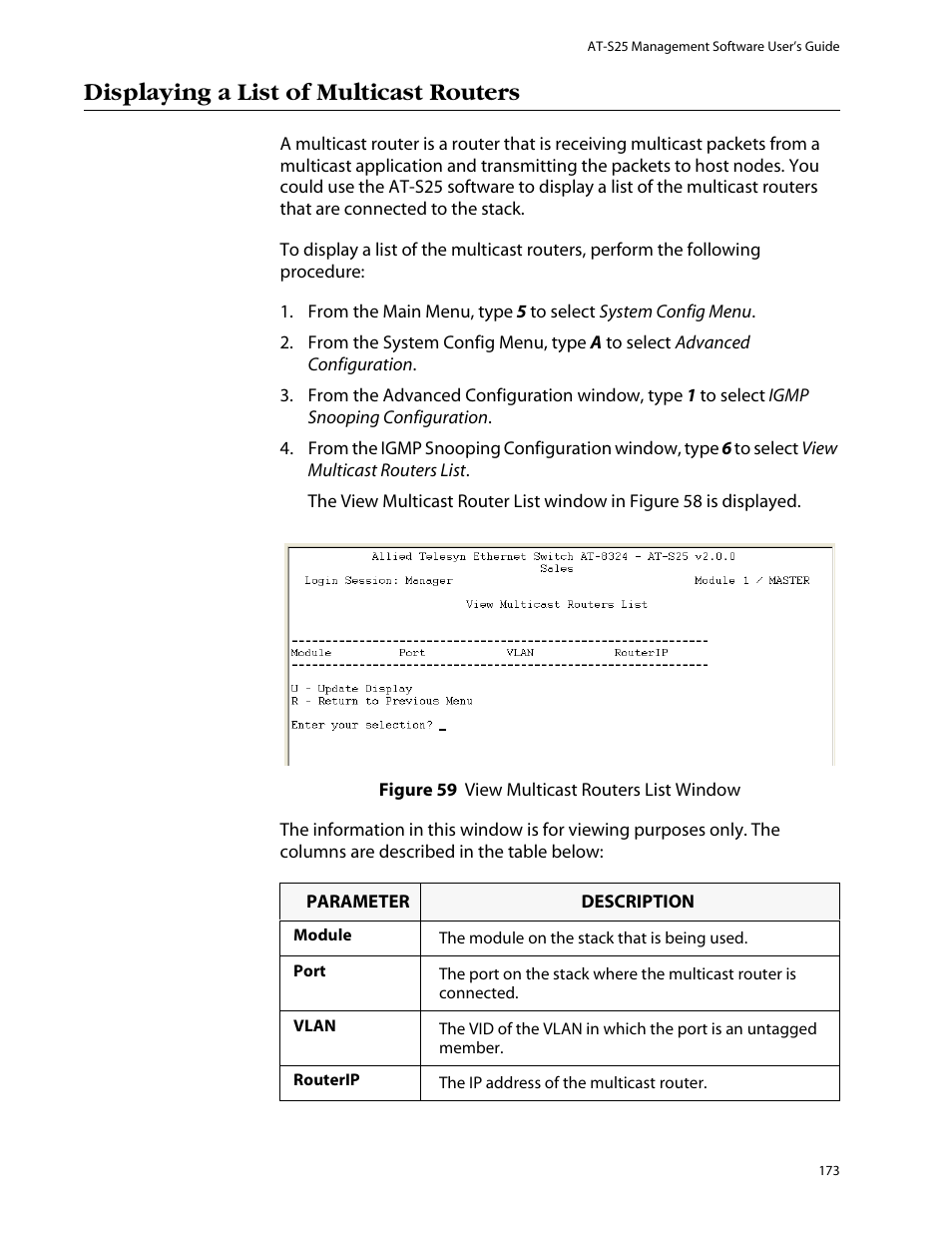Displaying a list of multicast routers | Allied Telesis AT-S25 User Manual | Page 173 / 277