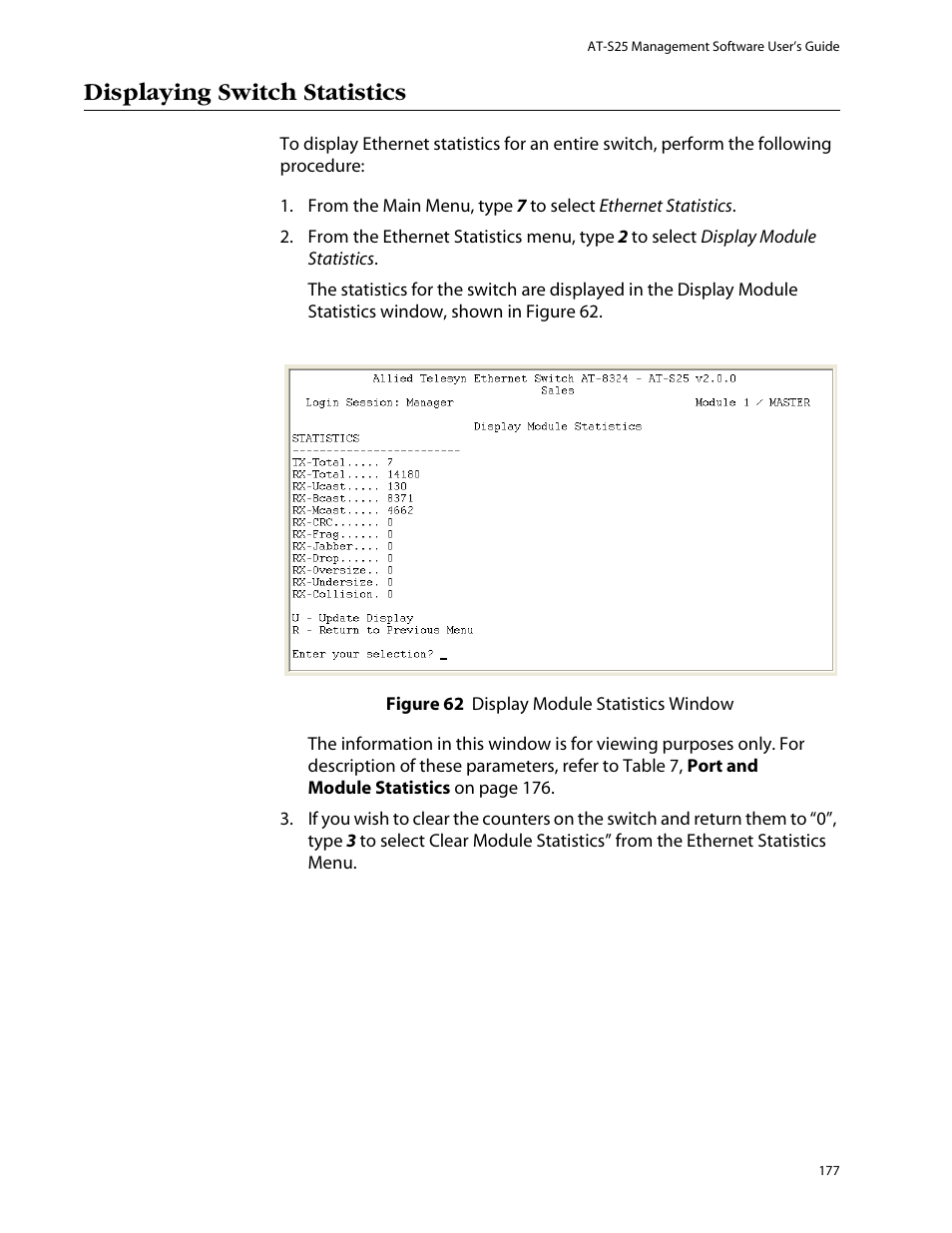 Displaying switch statistics | Allied Telesis AT-S25 User Manual | Page 177 / 277