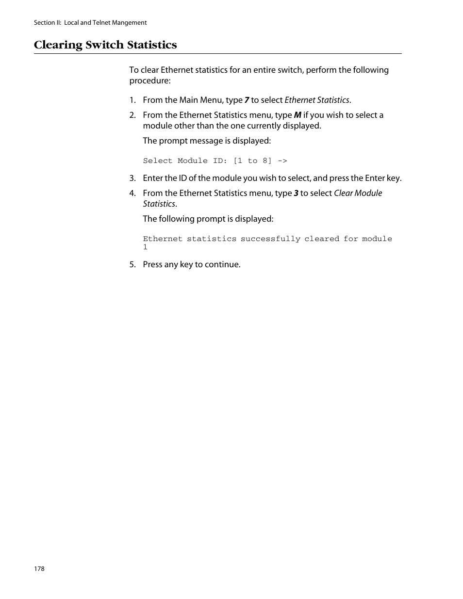 Clearing switch statistics | Allied Telesis AT-S25 User Manual | Page 178 / 277