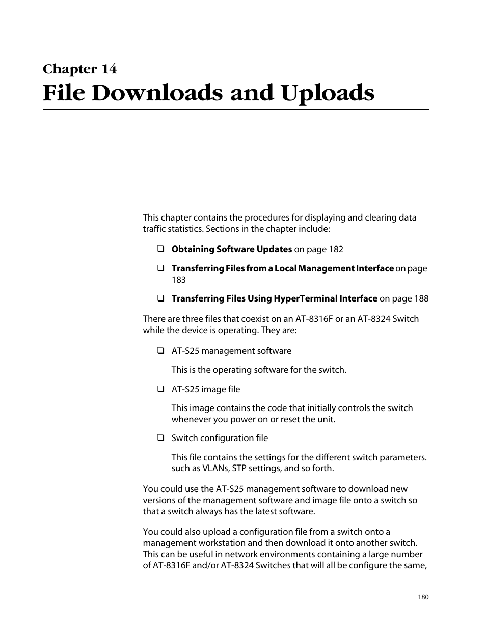 Chapter 14, File downloads and uploads, Chapter 14 file downloads and uploads | Allied Telesis AT-S25 User Manual | Page 180 / 277