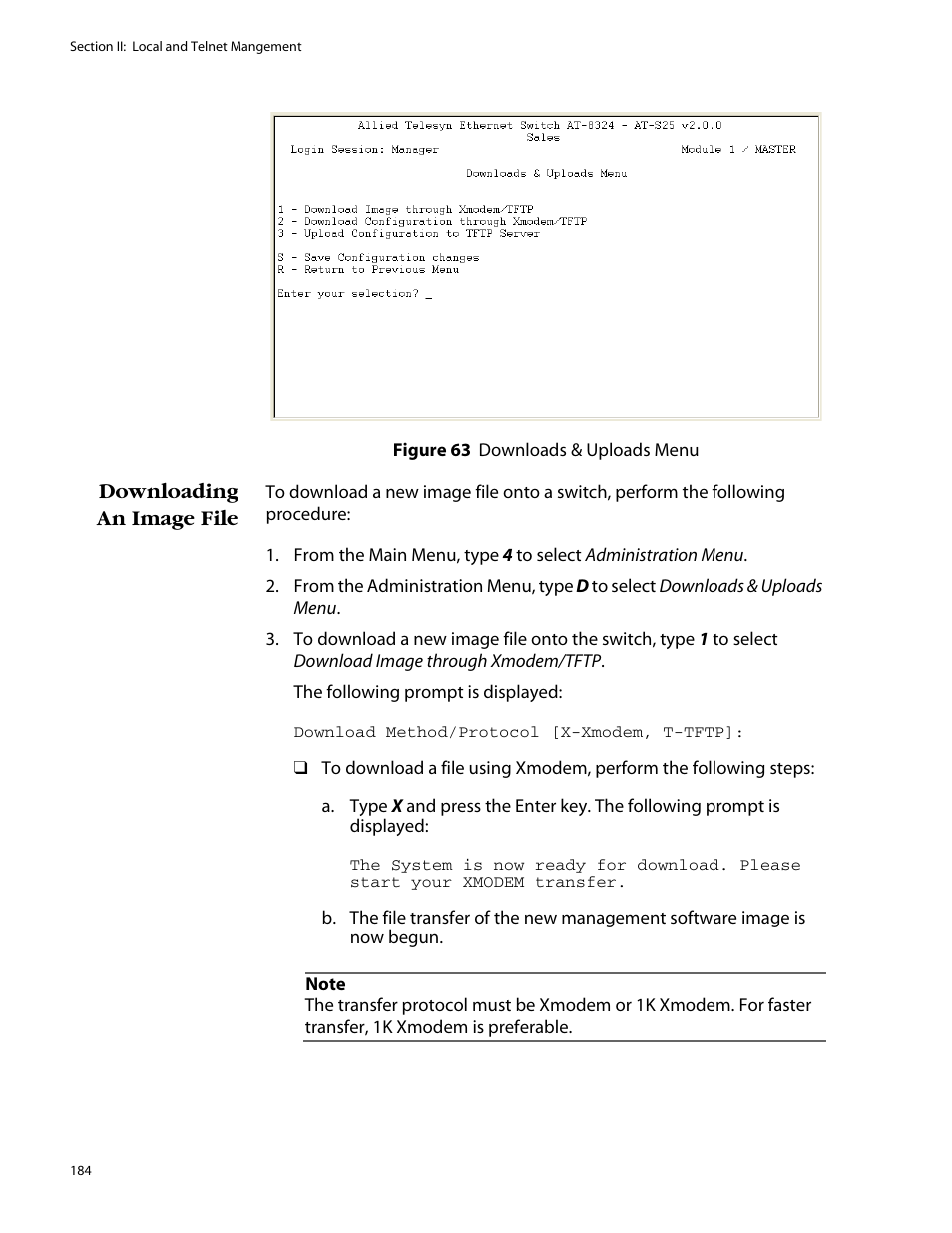 Downloading an image file | Allied Telesis AT-S25 User Manual | Page 184 / 277