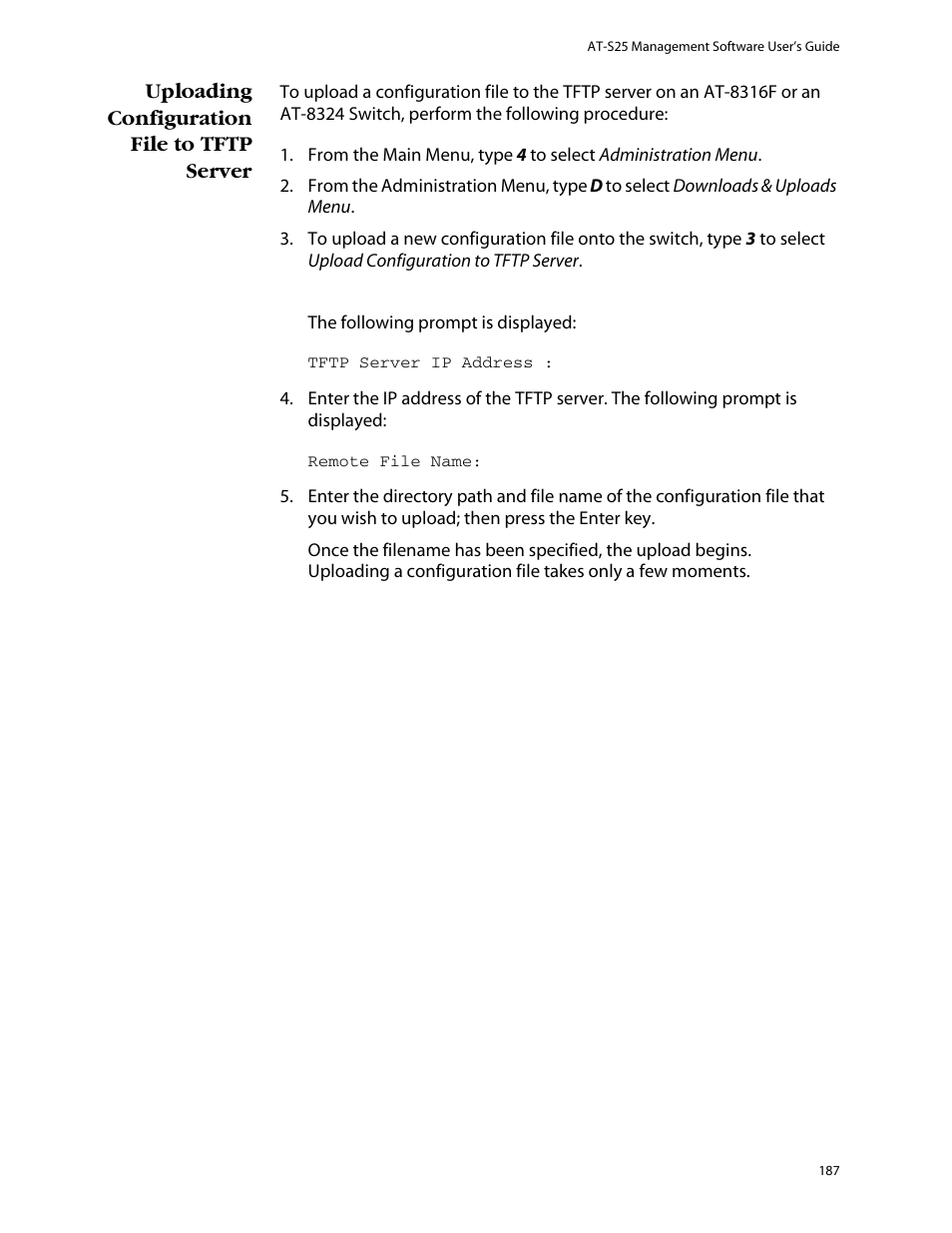 Uploading configuration file to tftp server | Allied Telesis AT-S25 User Manual | Page 187 / 277