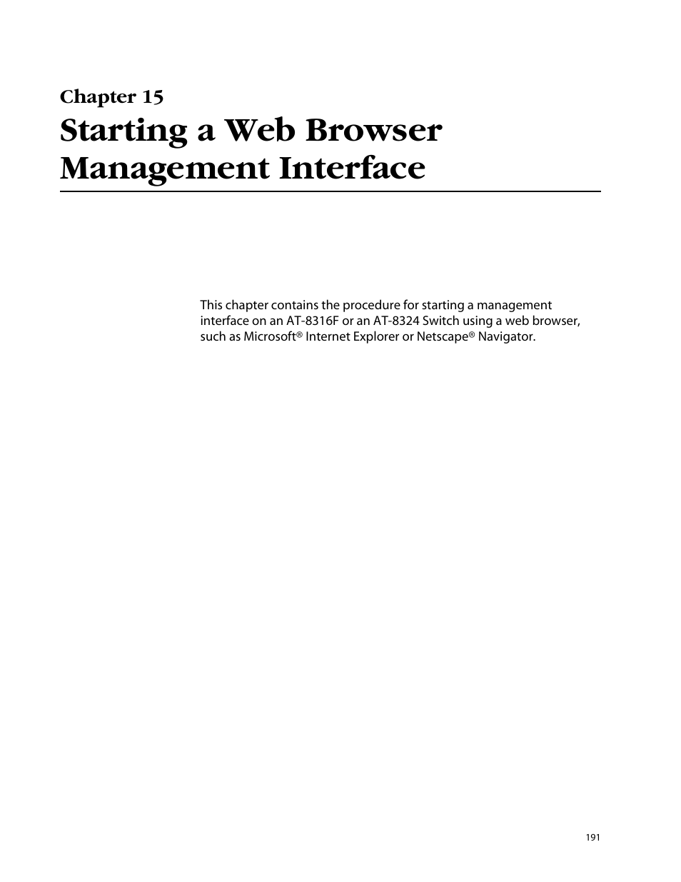 Chapter 15, Starting a web browser management interface | Allied Telesis AT-S25 User Manual | Page 191 / 277