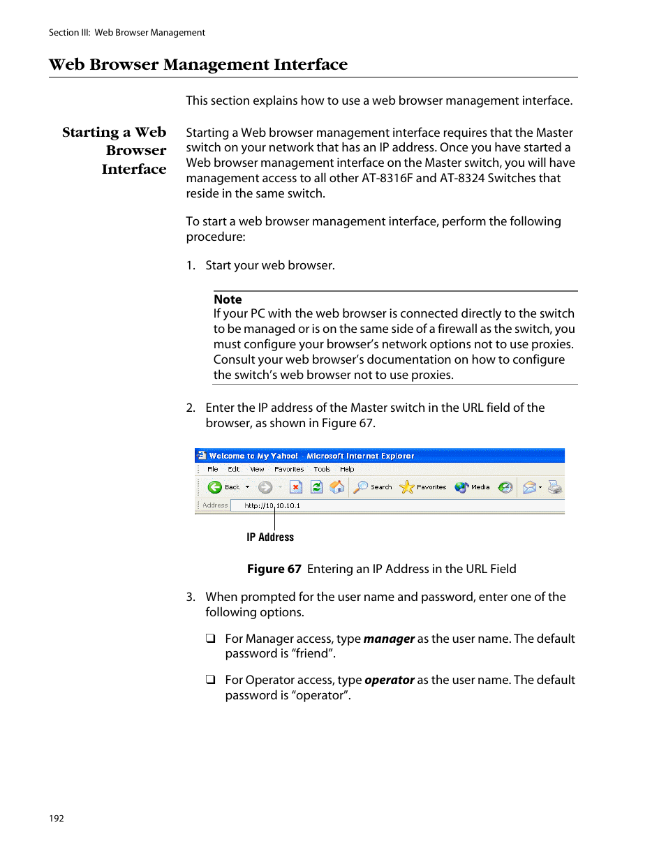 Web browser management interface, Starting a web browser interface | Allied Telesis AT-S25 User Manual | Page 192 / 277