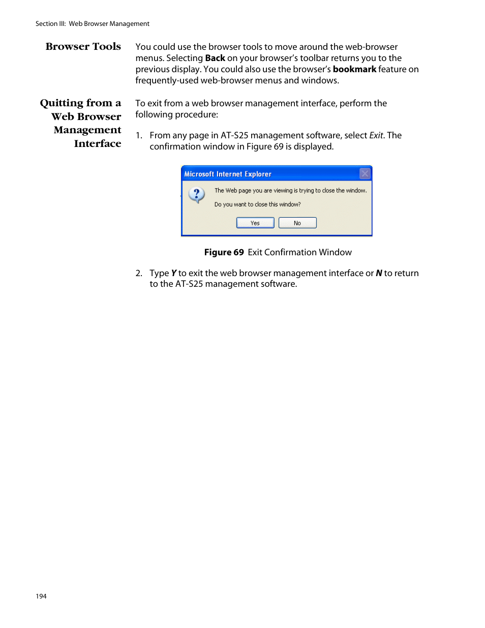 Browser tools, Quitting from a web browser management interface | Allied Telesis AT-S25 User Manual | Page 194 / 277