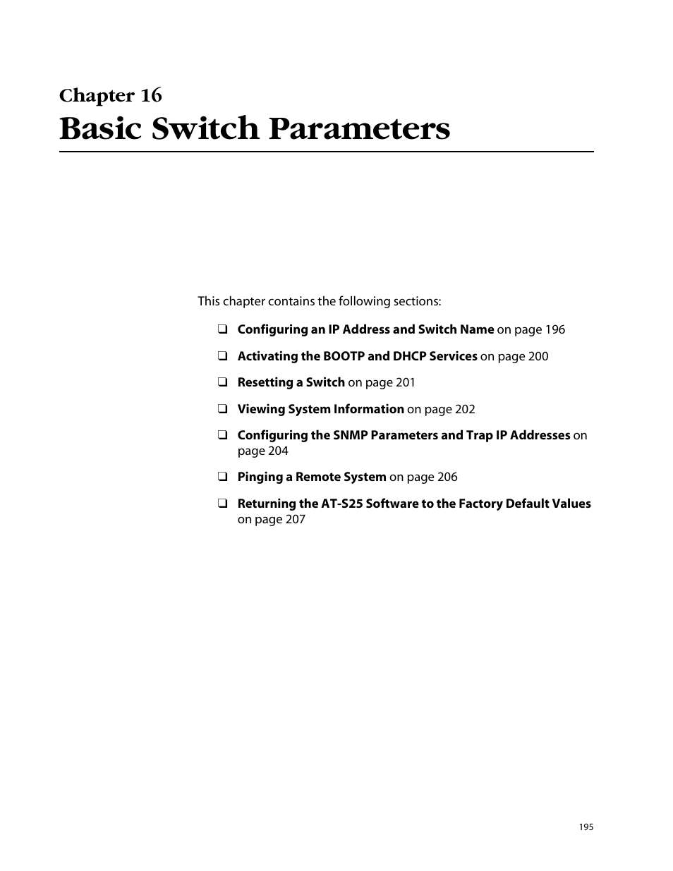 Chapter 16, Basic switch parameters, Chapter 16 basic switch parameters | Allied Telesis AT-S25 User Manual | Page 195 / 277