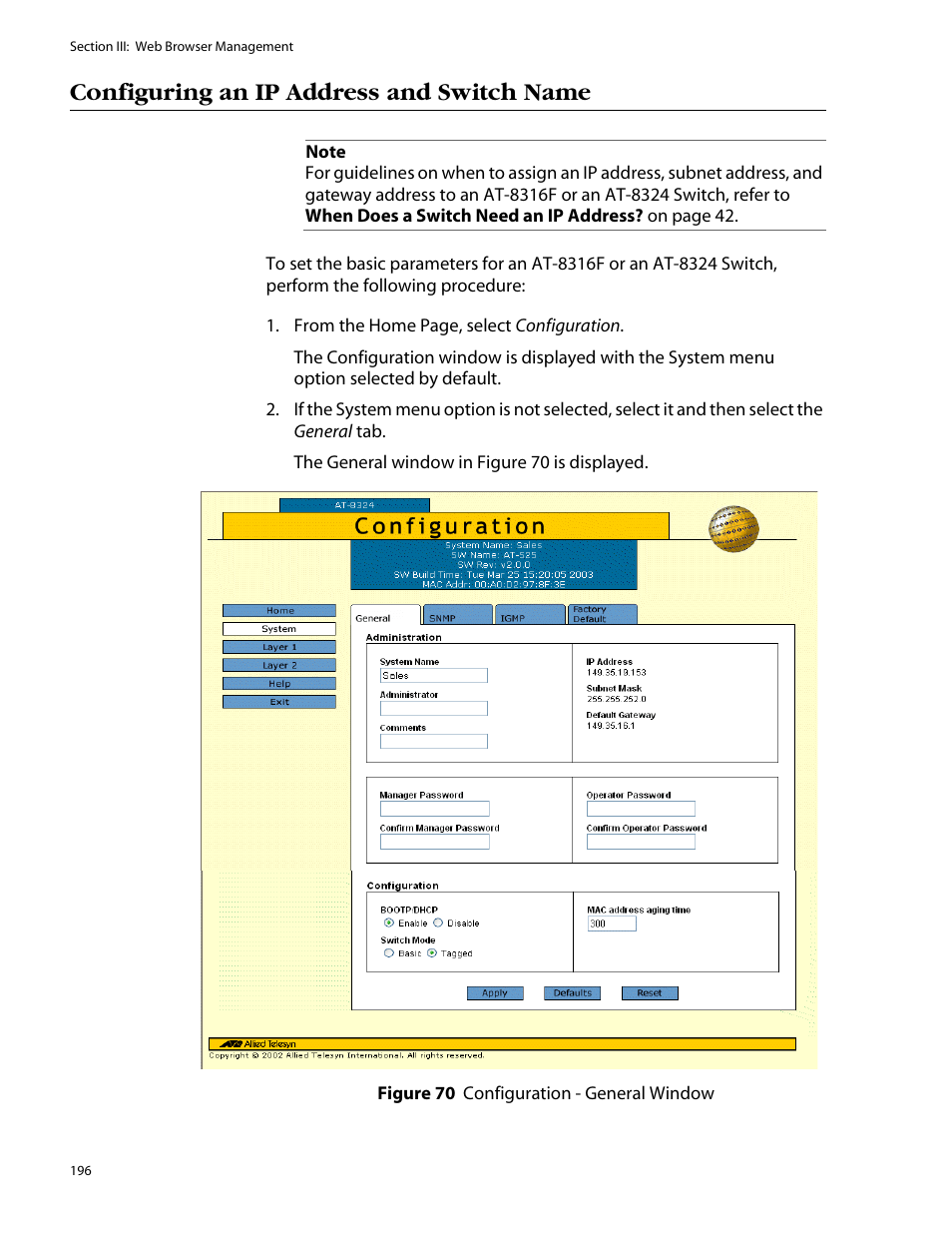 Configuring an ip address and switch name | Allied Telesis AT-S25 User Manual | Page 196 / 277