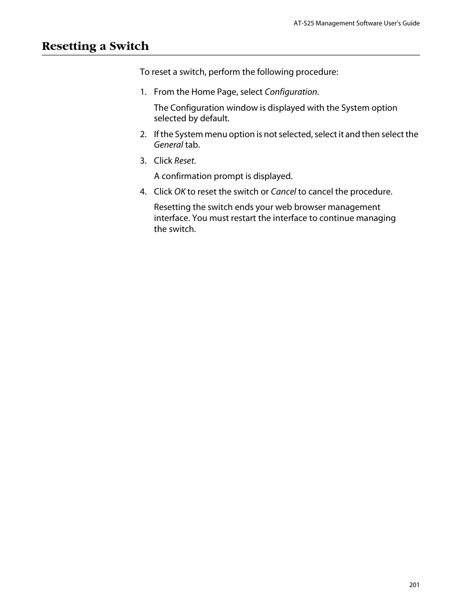 Resetting a switch | Allied Telesis AT-S25 User Manual | Page 201 / 277