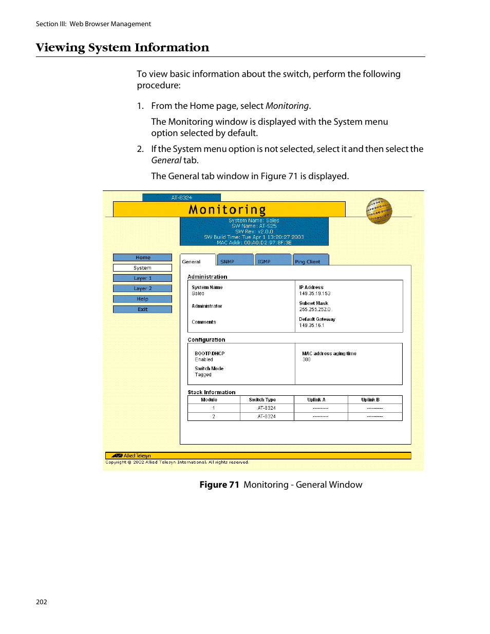 Viewing system information | Allied Telesis AT-S25 User Manual | Page 202 / 277