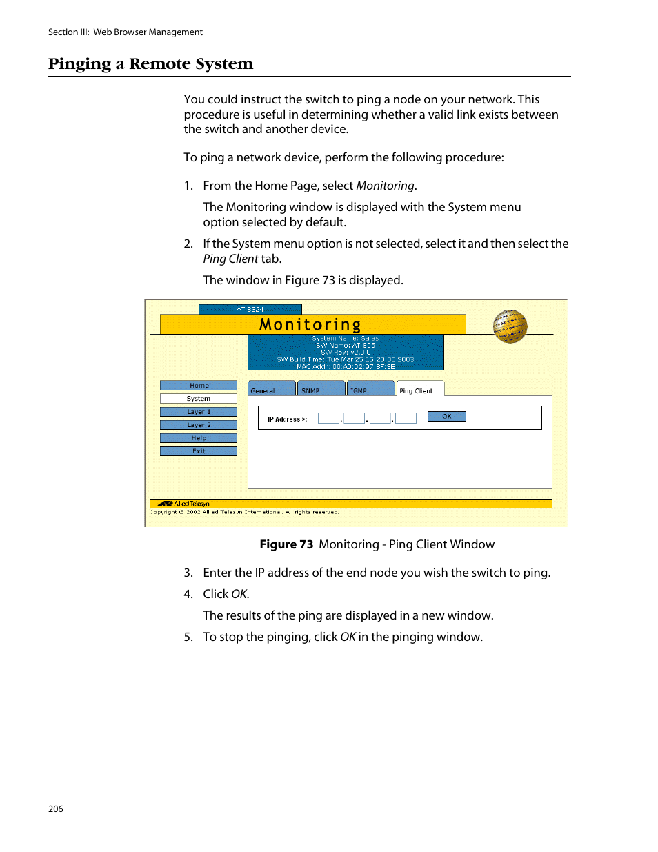 Pinging a remote system | Allied Telesis AT-S25 User Manual | Page 206 / 277