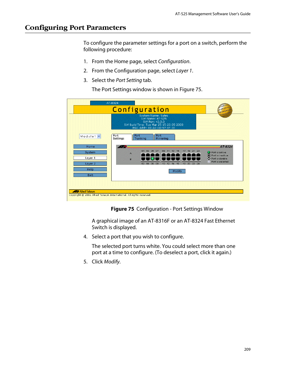 Configuring port parameters | Allied Telesis AT-S25 User Manual | Page 209 / 277