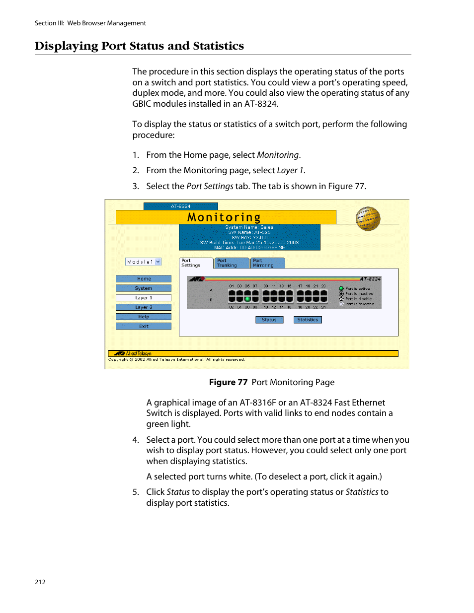 Displaying port status and statistics | Allied Telesis AT-S25 User Manual | Page 212 / 277