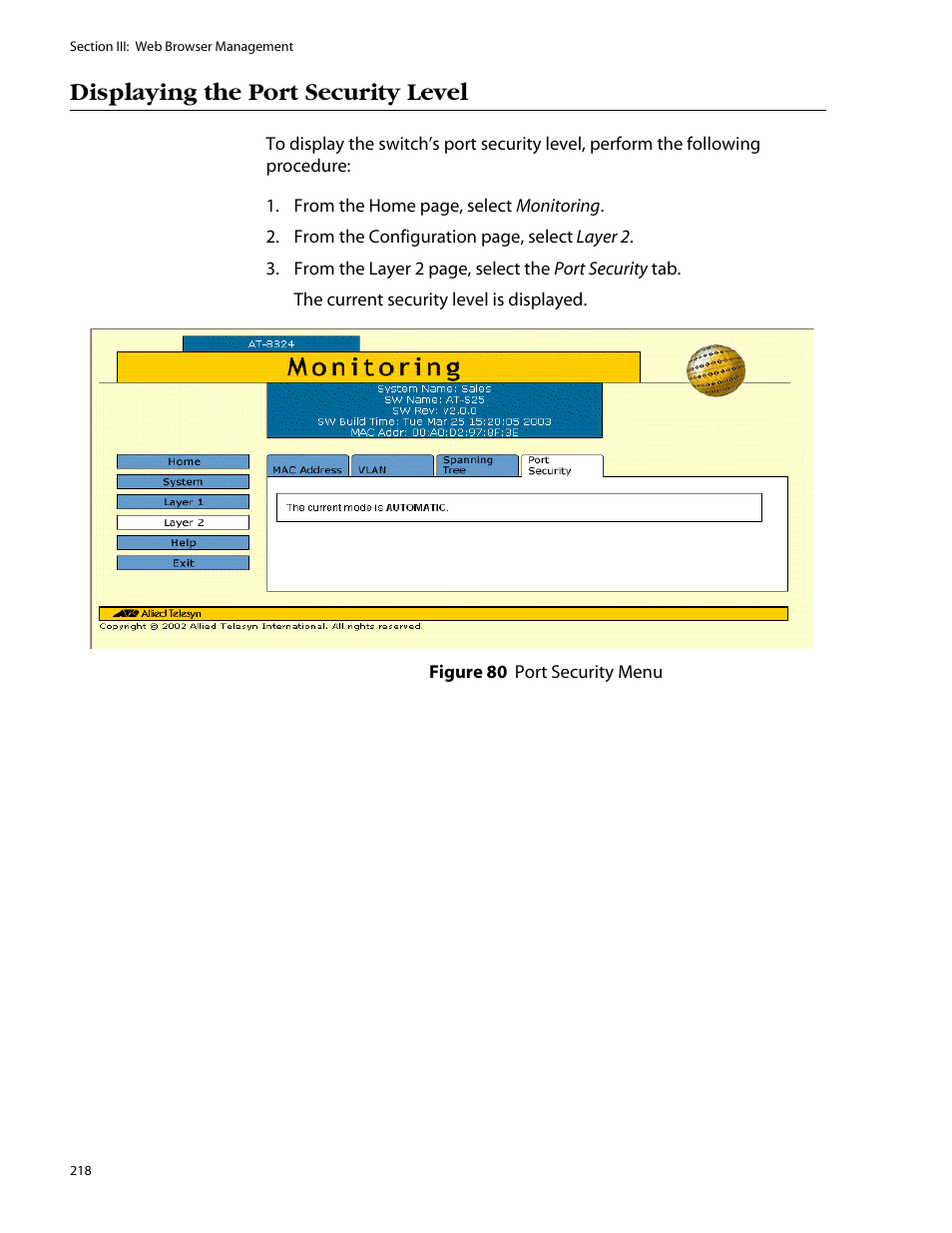 Displaying the port security level | Allied Telesis AT-S25 User Manual | Page 218 / 277