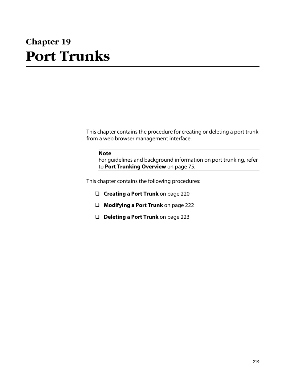 Chapter 19, Port trunks, Chapter 19 port trunks | Allied Telesis AT-S25 User Manual | Page 219 / 277