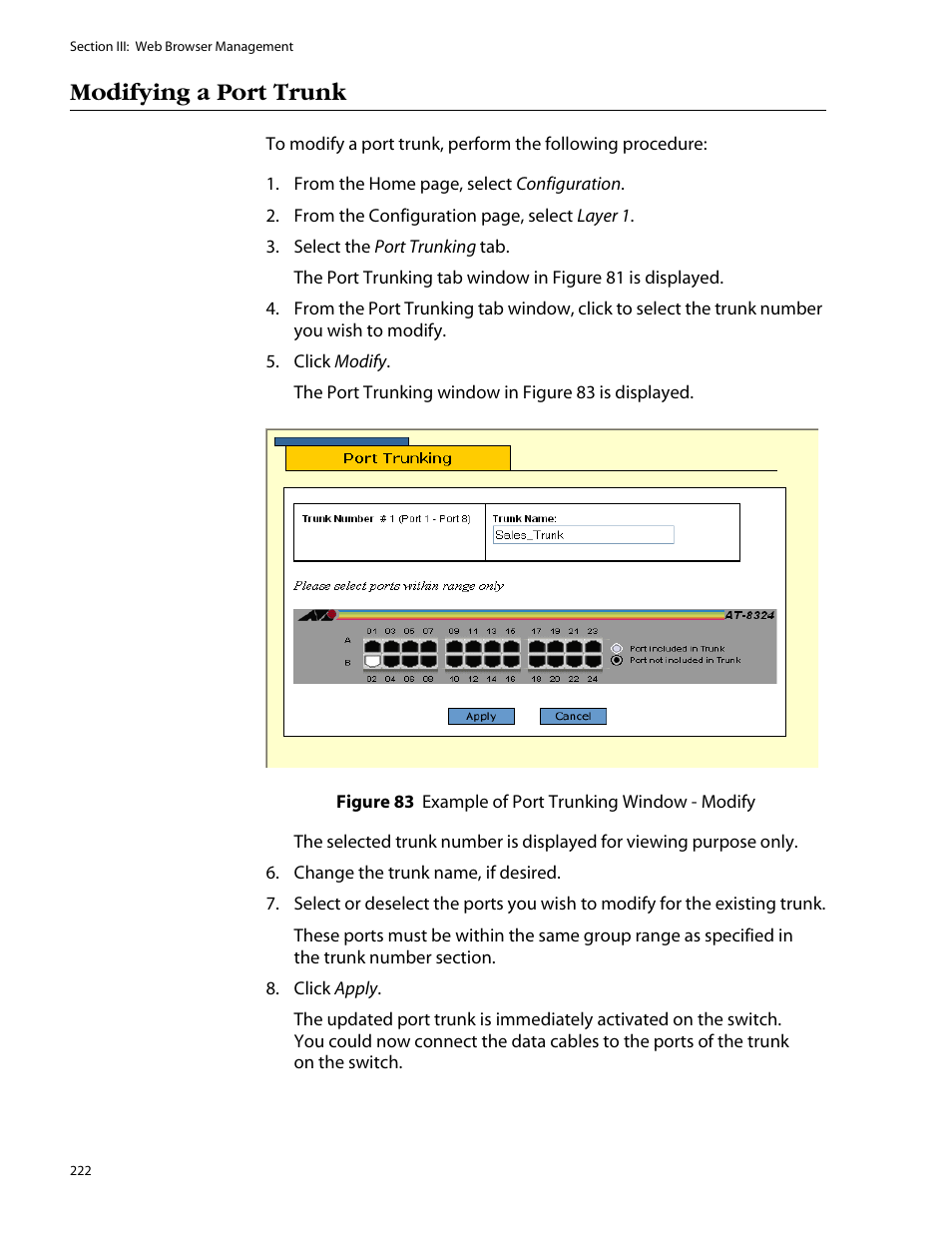 Modifying a port trunk | Allied Telesis AT-S25 User Manual | Page 222 / 277