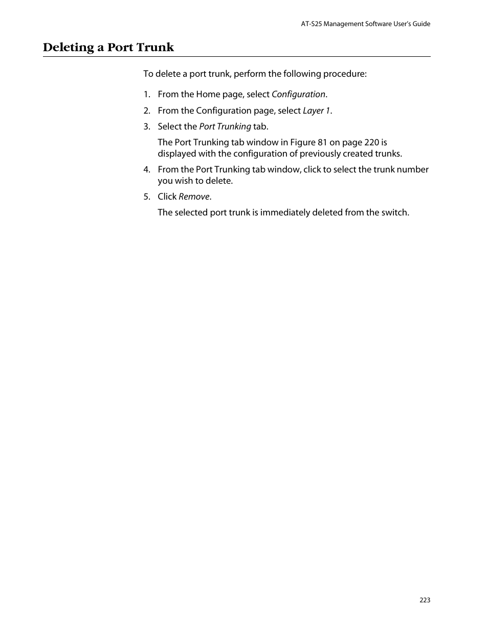 Deleting a port trunk | Allied Telesis AT-S25 User Manual | Page 223 / 277