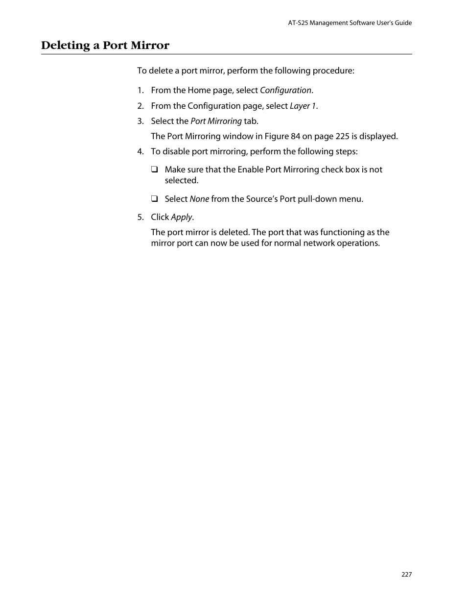Deleting a port mirror | Allied Telesis AT-S25 User Manual | Page 227 / 277
