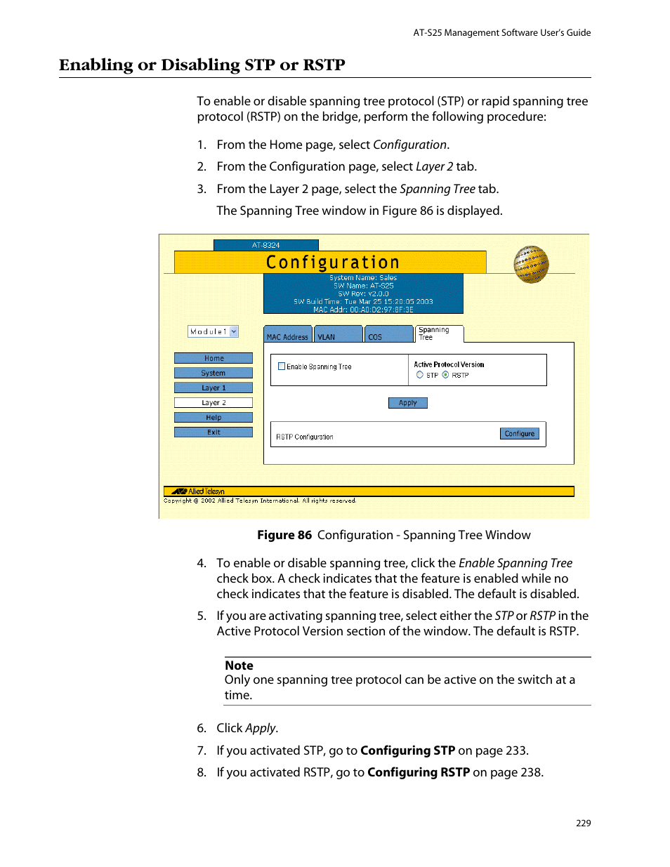 Enabling or disabling stp or rstp | Allied Telesis AT-S25 User Manual | Page 229 / 277