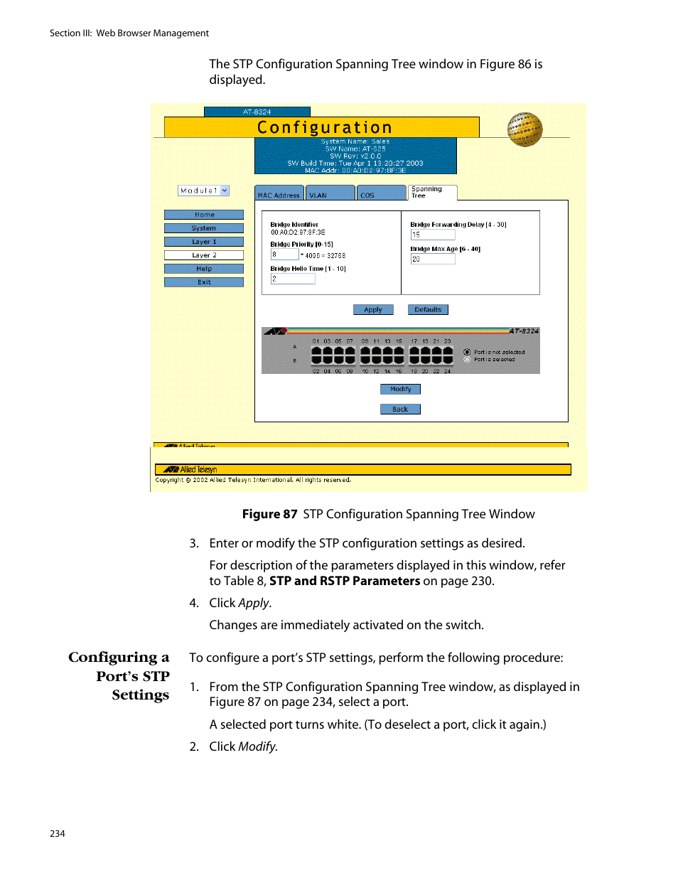 Configuring a port’s stp settings | Allied Telesis AT-S25 User Manual | Page 234 / 277