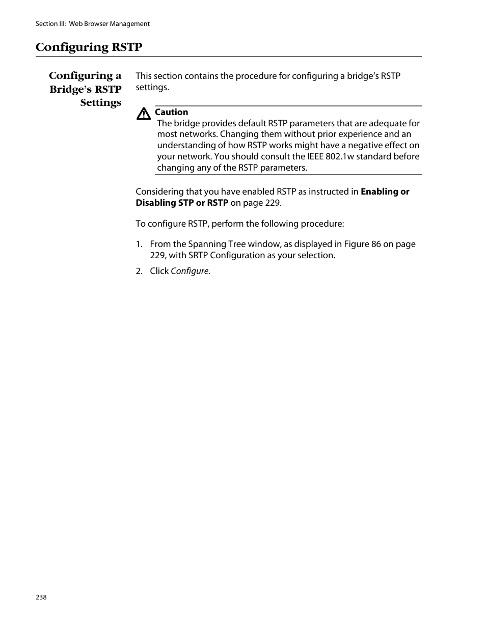 Configuring rstp, Configuring a bridge’s rstp settings | Allied Telesis AT-S25 User Manual | Page 238 / 277