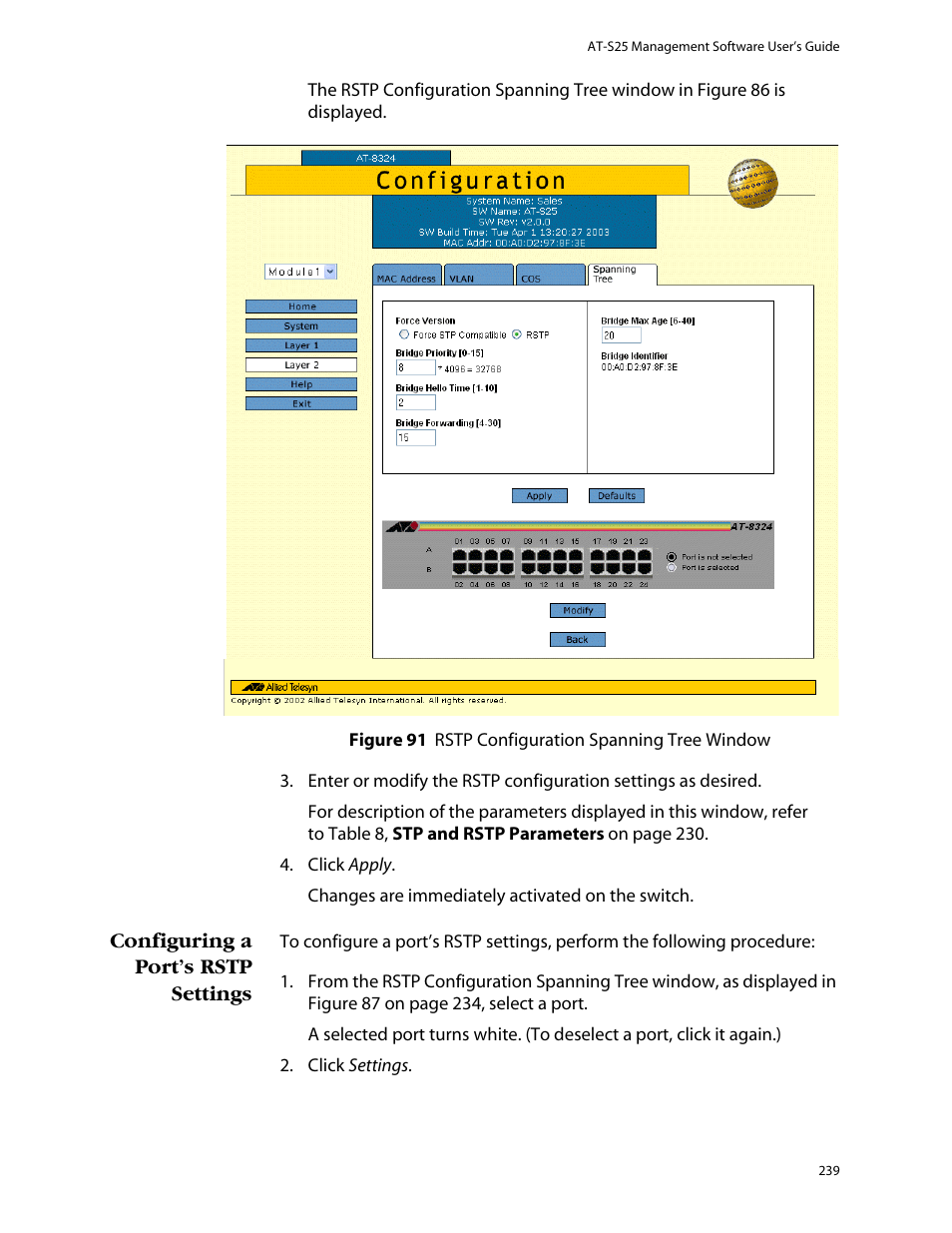 Configuring a port’s rstp settings | Allied Telesis AT-S25 User Manual | Page 239 / 277