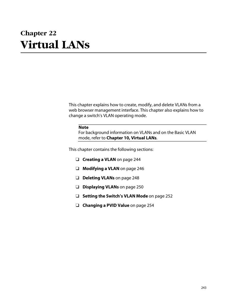 Chapter 22, Virtual lans, Chapter 22 virtual lans | Allied Telesis AT-S25 User Manual | Page 243 / 277