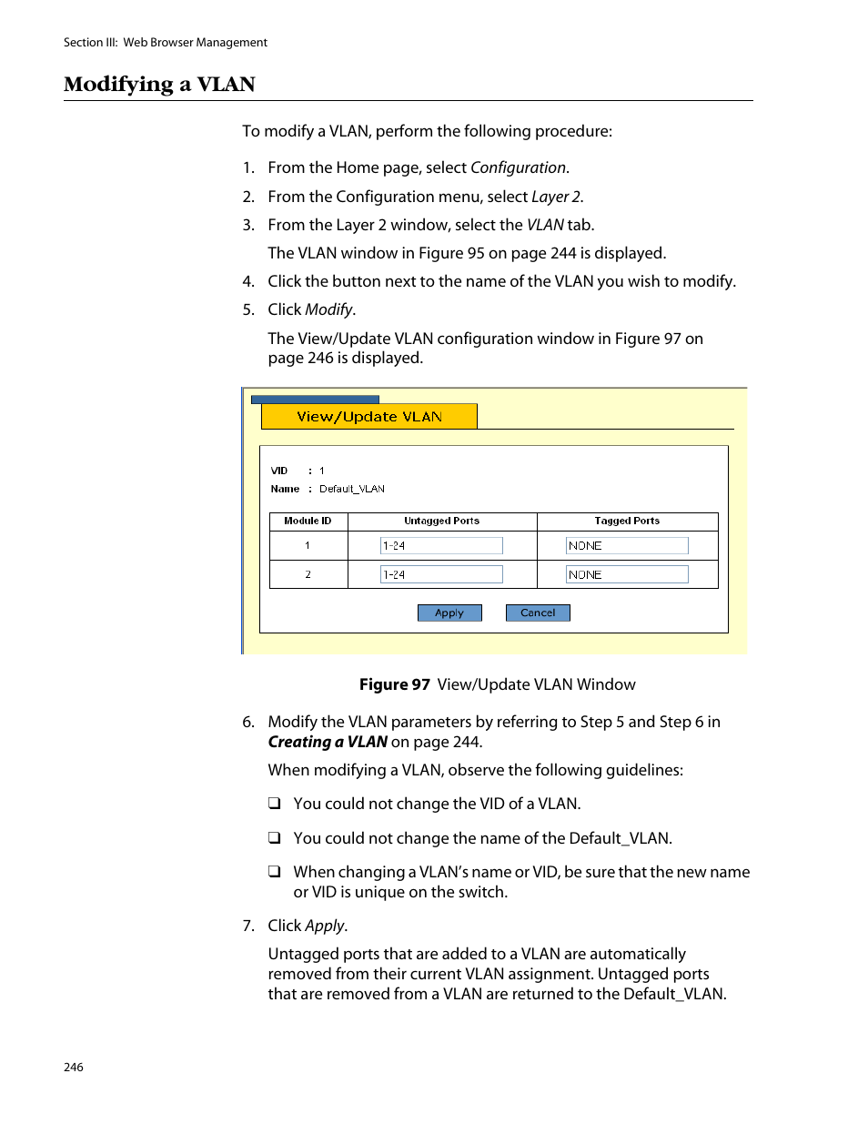 Modifying a vlan | Allied Telesis AT-S25 User Manual | Page 246 / 277