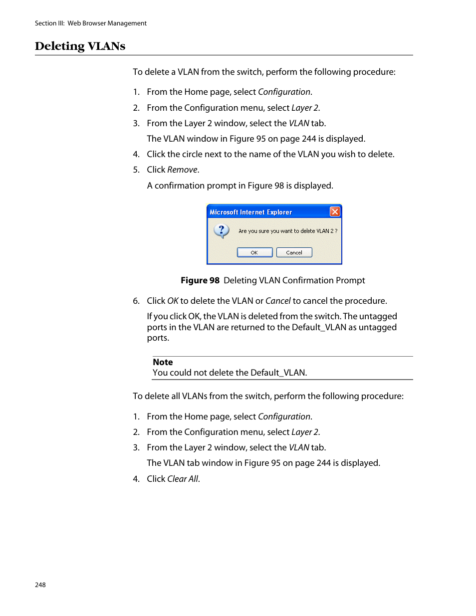 Deleting vlans | Allied Telesis AT-S25 User Manual | Page 248 / 277