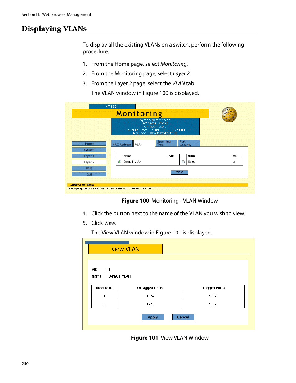 Displaying vlans | Allied Telesis AT-S25 User Manual | Page 250 / 277