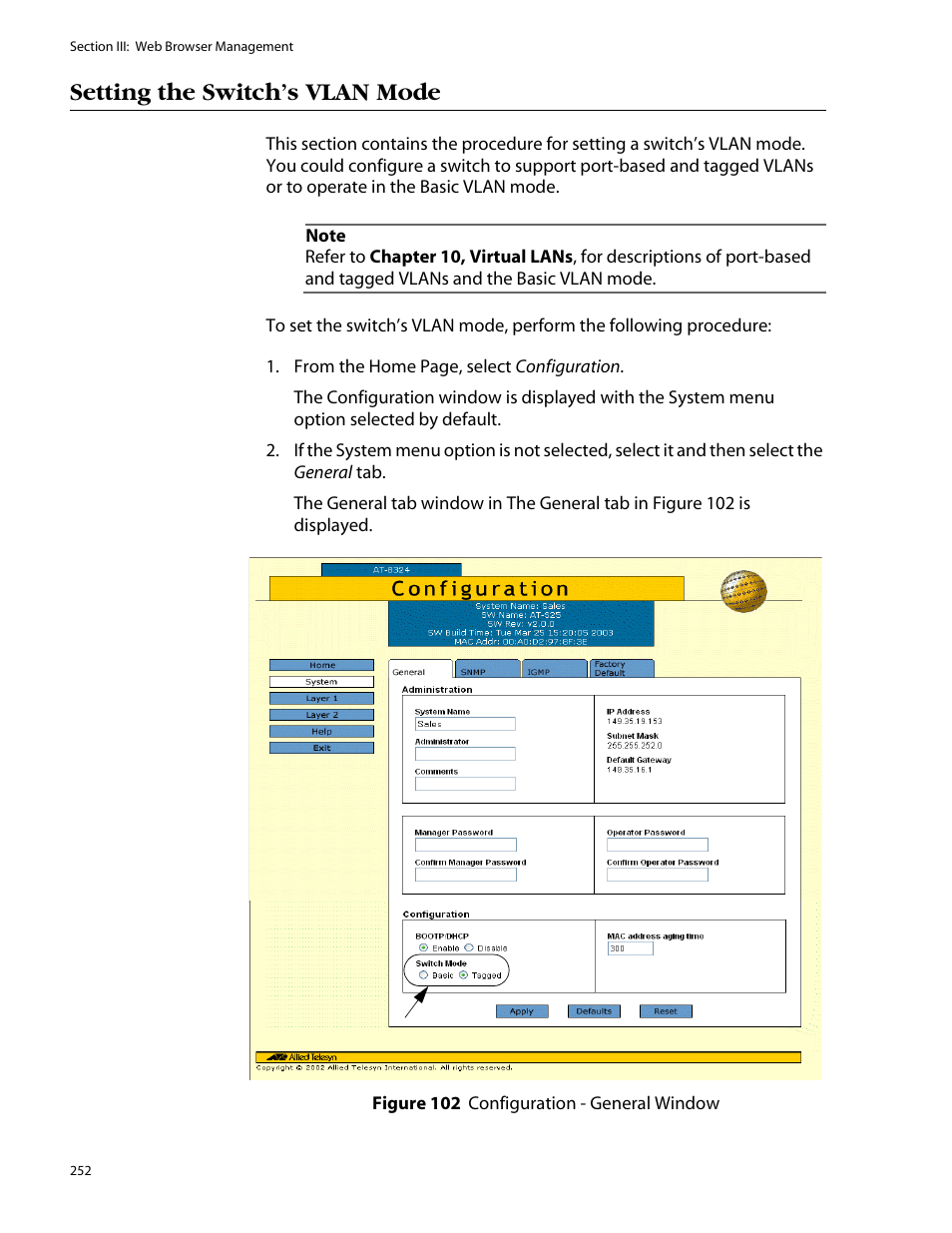 Setting the switch’s vlan mode | Allied Telesis AT-S25 User Manual | Page 252 / 277