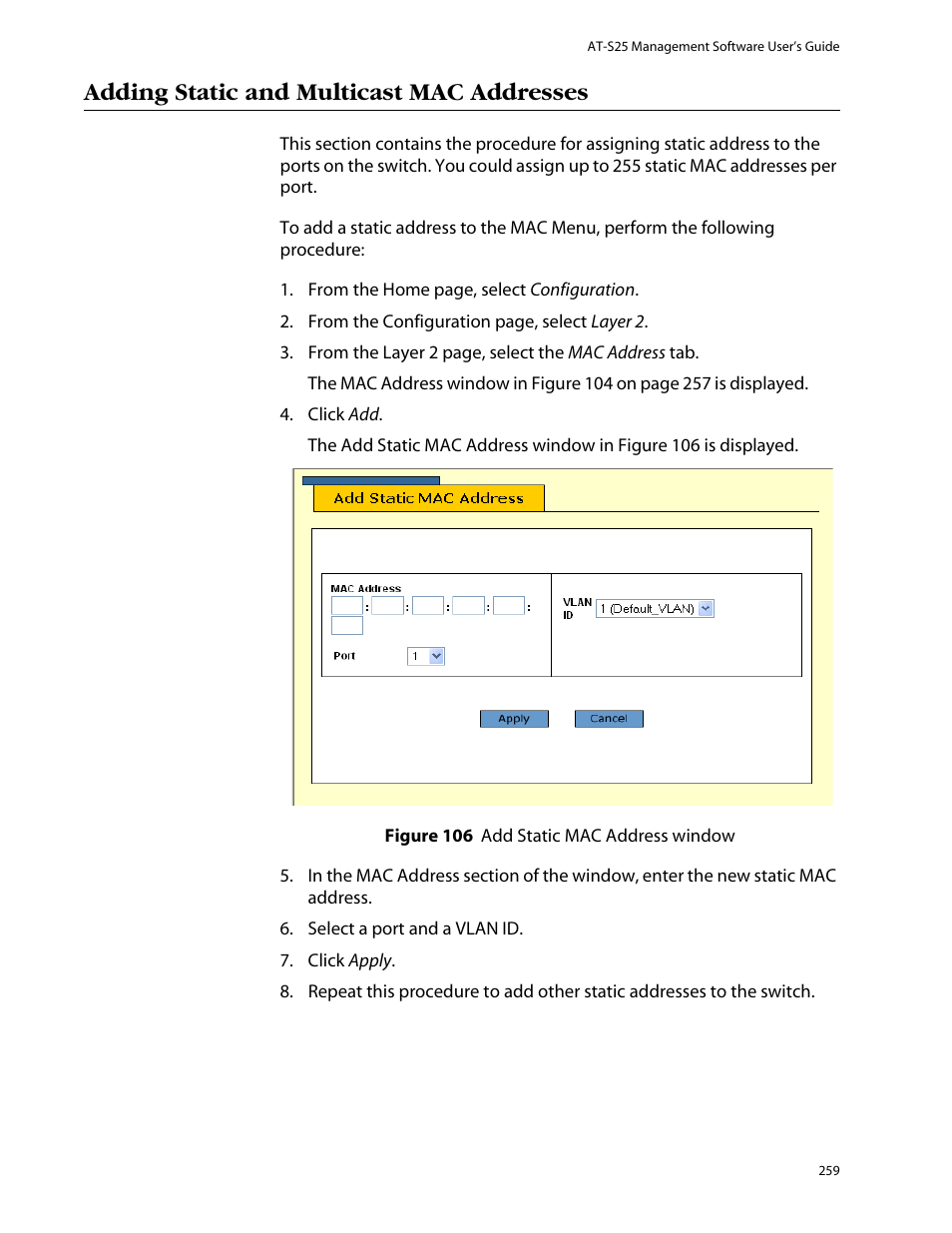 Adding static and multicast mac addresses | Allied Telesis AT-S25 User Manual | Page 259 / 277