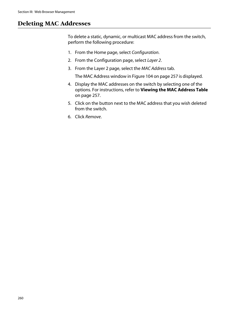 Deleting mac addresses | Allied Telesis AT-S25 User Manual | Page 260 / 277