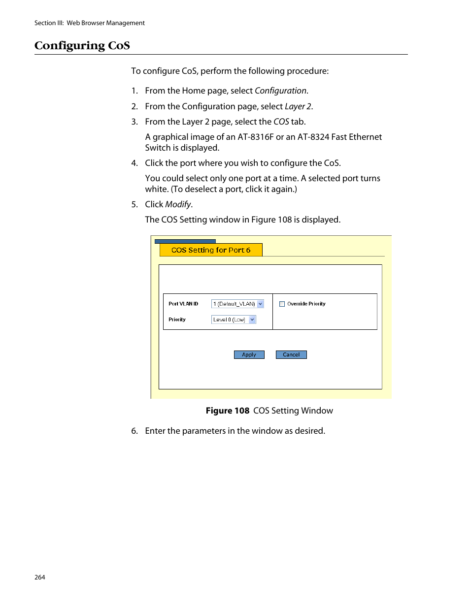 Configuring cos | Allied Telesis AT-S25 User Manual | Page 264 / 277