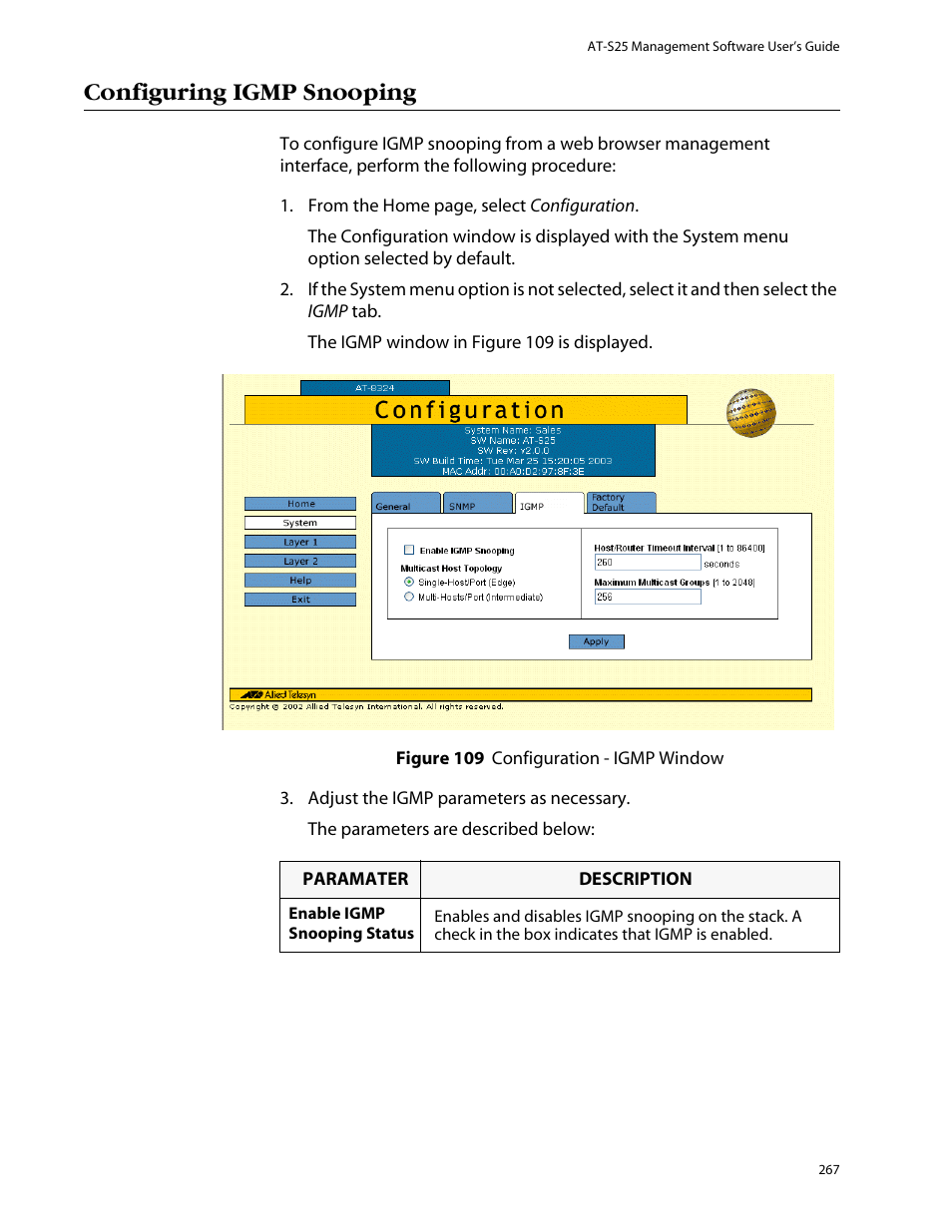 Configuring igmp snooping | Allied Telesis AT-S25 User Manual | Page 267 / 277