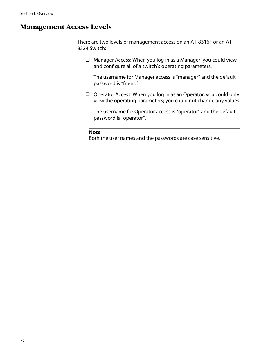 Management access levels | Allied Telesis AT-S25 User Manual | Page 32 / 277