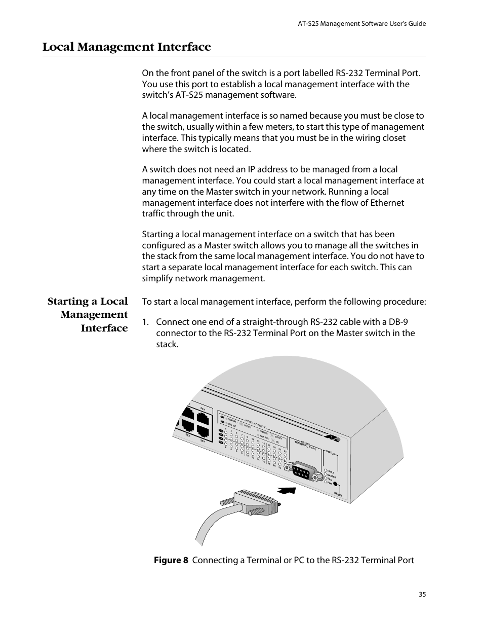 Local management interface, Starting a local management interface, At-s25 management software user’s guide 35 | Allied Telesis AT-S25 User Manual | Page 35 / 277