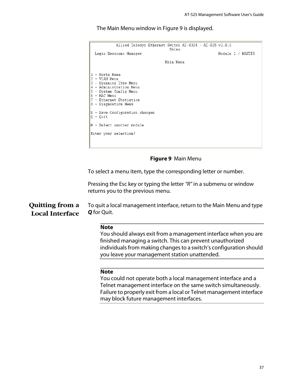 Quitting from a local interface | Allied Telesis AT-S25 User Manual | Page 37 / 277