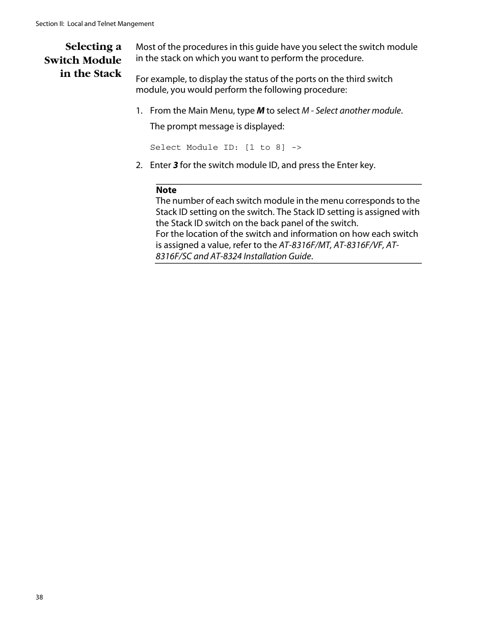 Selecting a switch module in the stack | Allied Telesis AT-S25 User Manual | Page 38 / 277