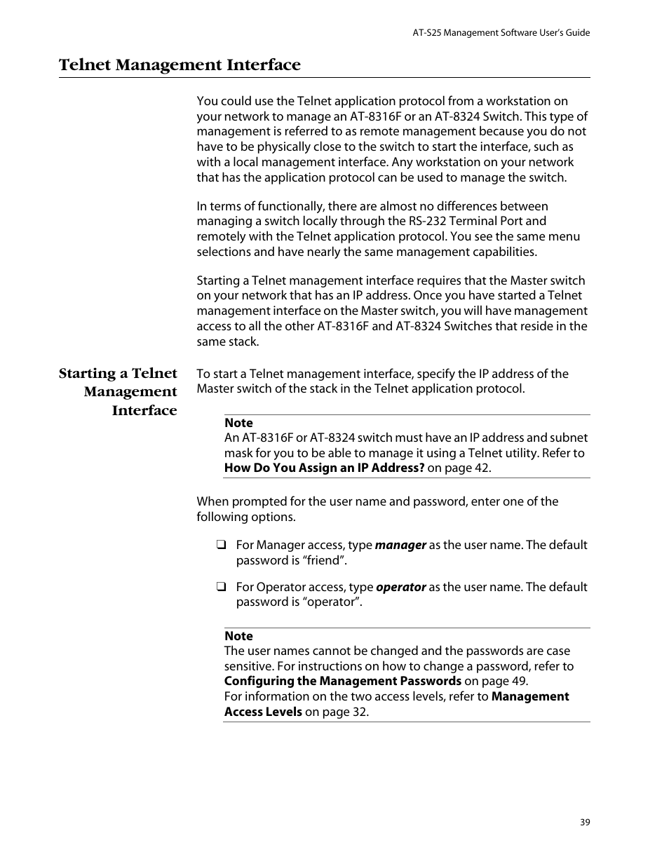 Telnet management interface, Starting a telnet management interface | Allied Telesis AT-S25 User Manual | Page 39 / 277