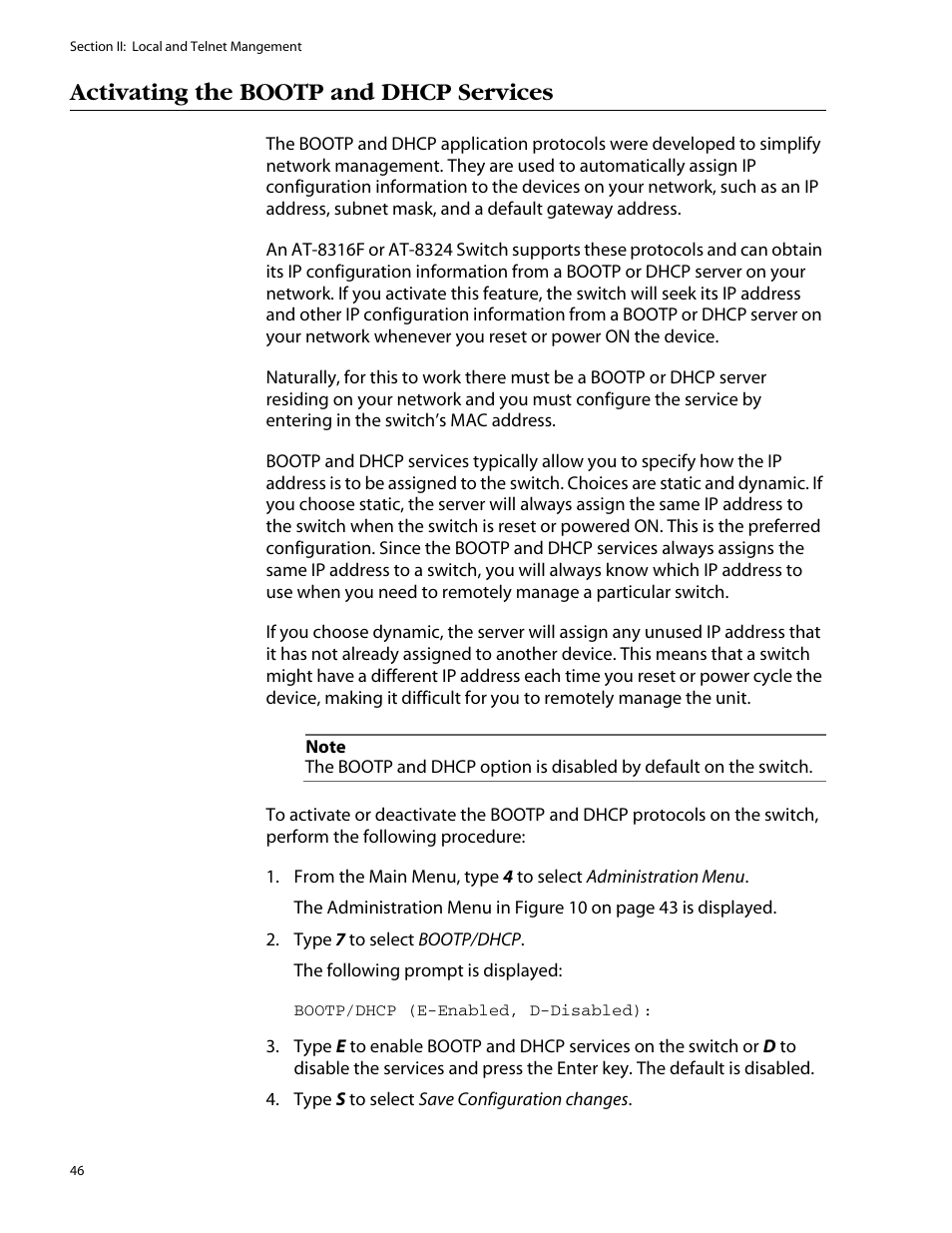 Activating the bootp and dhcp services | Allied Telesis AT-S25 User Manual | Page 46 / 277