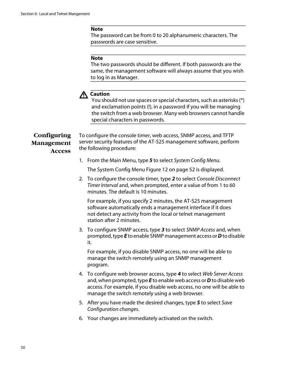 Configuring management access | Allied Telesis AT-S25 User Manual | Page 50 / 277