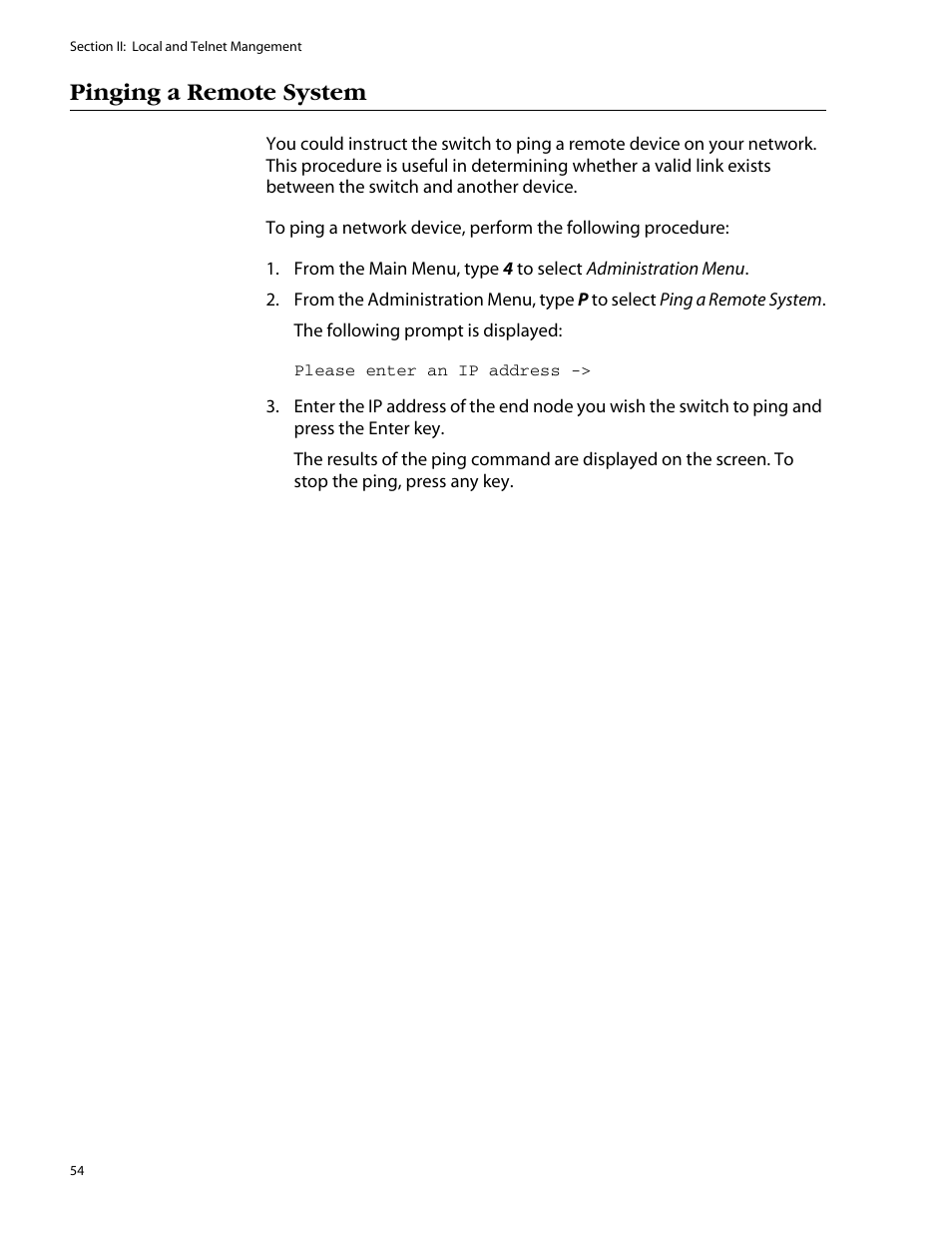 Pinging a remote system | Allied Telesis AT-S25 User Manual | Page 54 / 277
