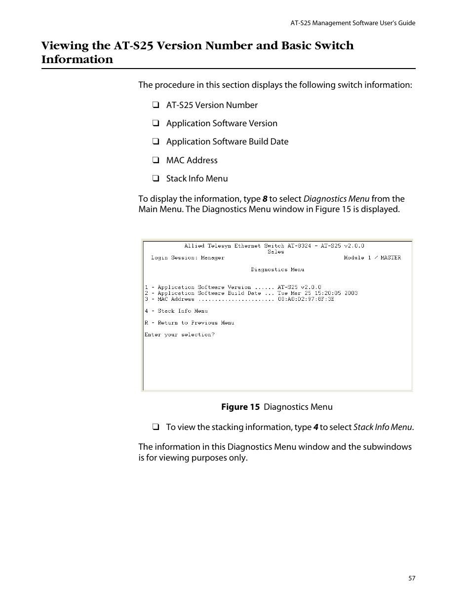 Viewing the at-s25 version number and basic switch | Allied Telesis AT-S25 User Manual | Page 57 / 277
